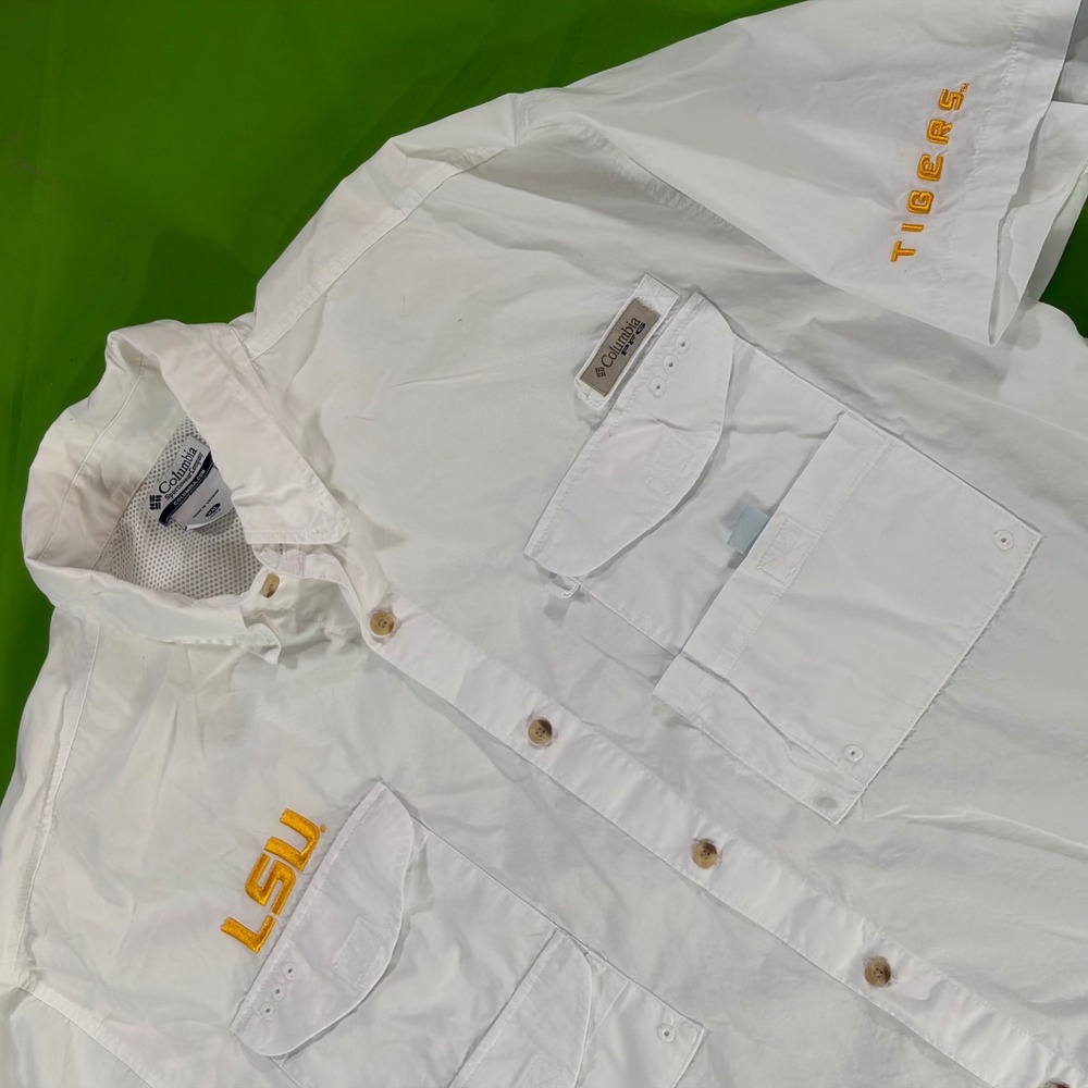 LSU Tigers Columbia PFG Fishing Shirt Mens 2XL White Vented Button Up NCAA SEC
